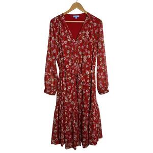 Draper James RSVP Plus Size 1X Red Floral Crepe Belted Tiered Dress Cottagecore